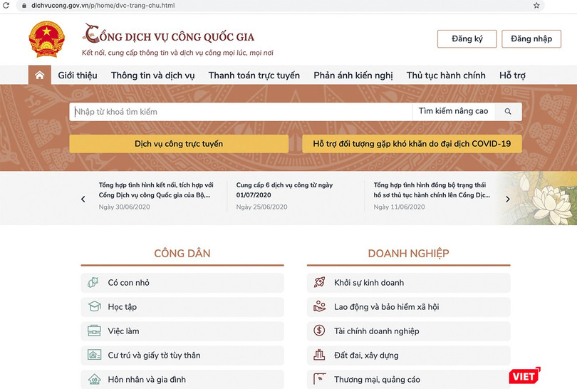 Giao diện Cổng dịch vụ công quốc gia