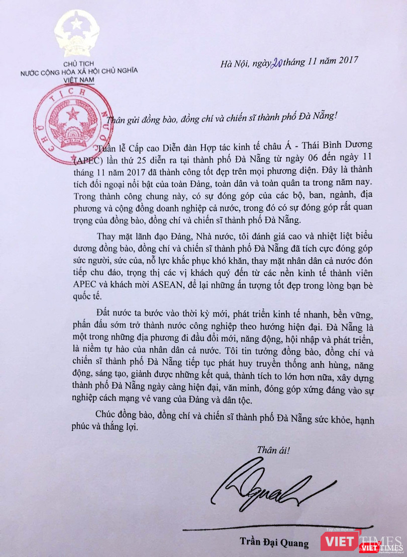 Thư của Chủ tịch nước Trần Đại Quang gửi nhân dân TP Đà Nẵng