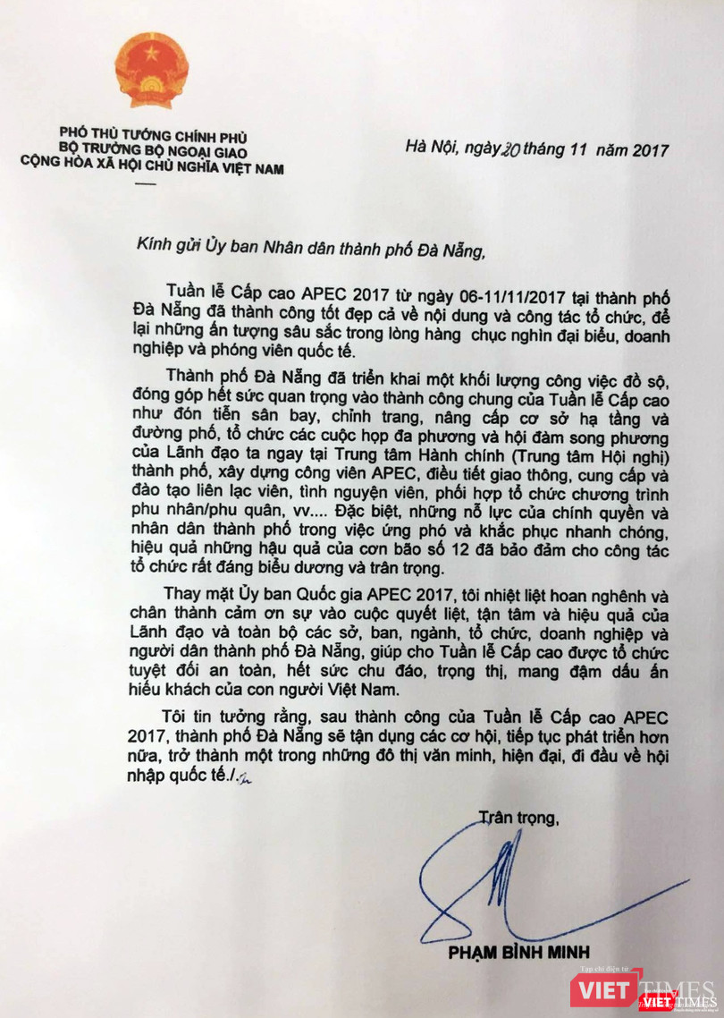 Thư cảm ơn của Chủ tịch ủy ban APEC quốc gia 2017, Phó Thủ tướng, Bộ Trưởng Bộ Ngoại giao Phạm Bình Binh cũng đã gửi đến nhân dân TP Đà Nẵng