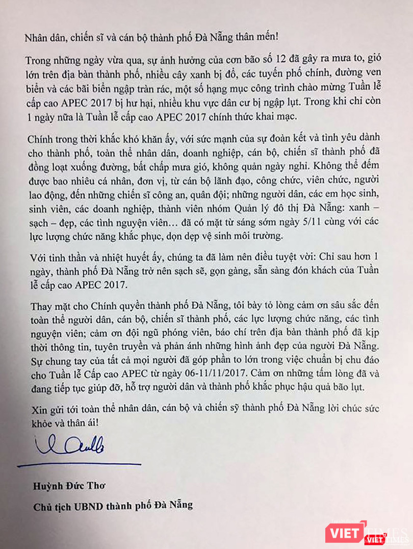 Thư cảm ơn của Chủ tịch UBND TP Đà Nẵng Huỳnh Đức Thơ