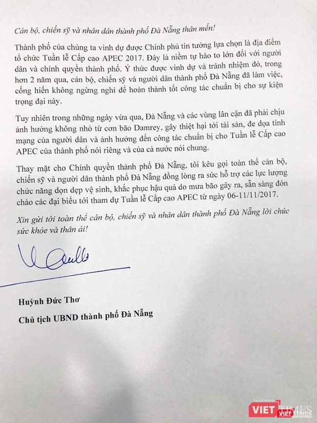 Thư kêu gọi của Chủ tịch UBND TP Đà Nẵng Huỳnh Đức Thơ