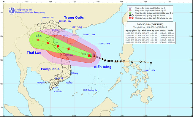 Dự báo đường đi của bão số 10 (ảnh TTDBKTTV TƯ)