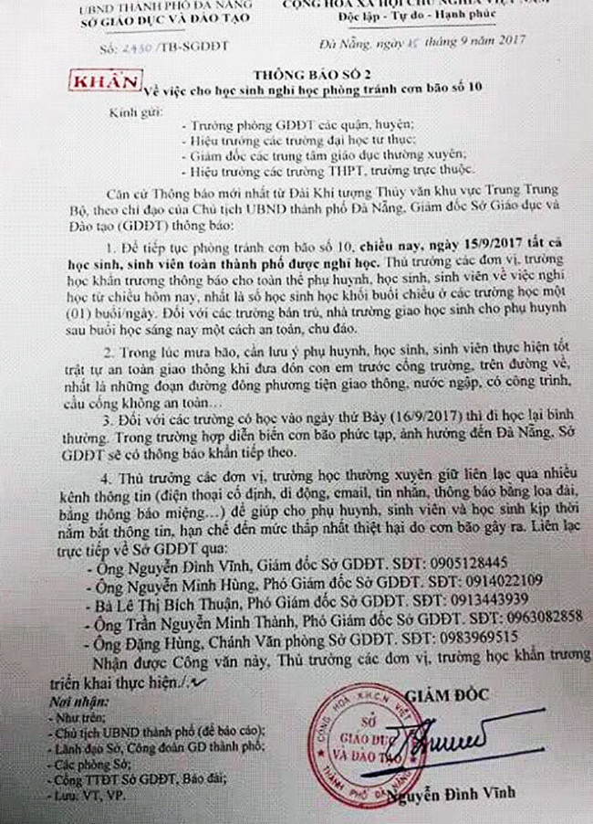 Công văn khẩn cho học sinh trên địa bàn nghỉ học do bão số 10 của Sở GD-ĐT TP Đà Nẵng