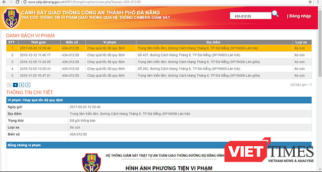 Ảnh chụp màn hình trên web tra cứu vừa được CA Đà Nẵng đưa vào hoạt động