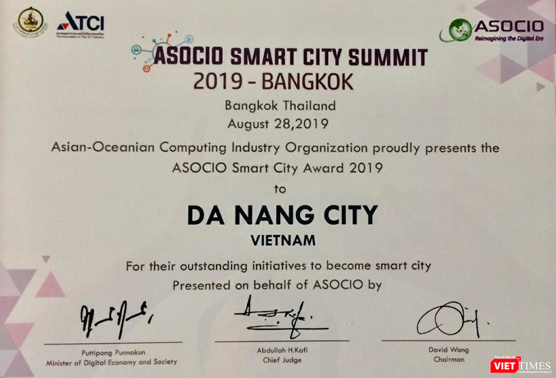 Chứng nhận giải thưởng "ASOCIO Smart city 2019” của TP Đà Nẵng do ASOCIO trao tặng
