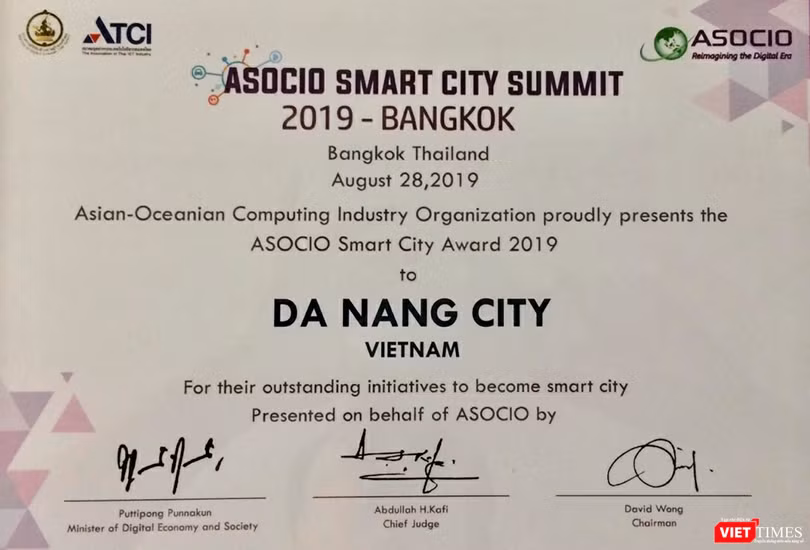 Chứng nhận giải thưởng "ASOCIO Smart city 2019” của TP Đà Nẵng do ASOCIO trao tặng