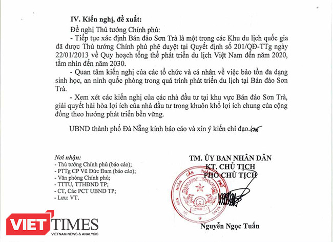 UBND TP Đà Nẵng kiến nghị Thru tướng Chính phủ tiếp tục xác định Sơn Trà là một trong các Khu du lịch quốc gia đã được phê duyệt tại Quyết định 201/QĐ-TTg ngày 22/1/2013 về Quy hoạch tổng thể phát triển du lịch Việt Nam đến 2020, tầm nhìn đến 2030;