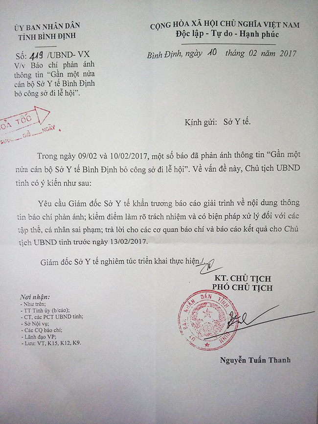 VietTimes, UBND tỉnh Bình Định, công văn hỏa tốc, cơ quan báo chí, xử lý nghiêm, Giám đốc sở Y tế, nghỉ phép đi lễ hội