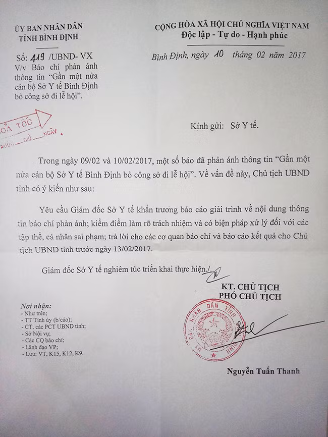 VietTimes, UBND tỉnh Bình Định, công văn hỏa tốc, cơ quan báo chí, xử lý nghiêm, Giám đốc sở Y tế, nghỉ phép đi lễ hội