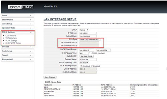 Mỗi router có chức năng tùy chọn DNS riêng. Ví dụ như router Totolink F1, thiết lập DNS trong mục TCP/IP Settings.