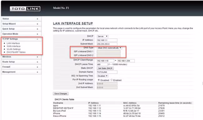 Mỗi router có chức năng tùy chọn DNS riêng. Ví dụ như router Totolink F1, thiết lập DNS trong mục TCP/IP Settings.