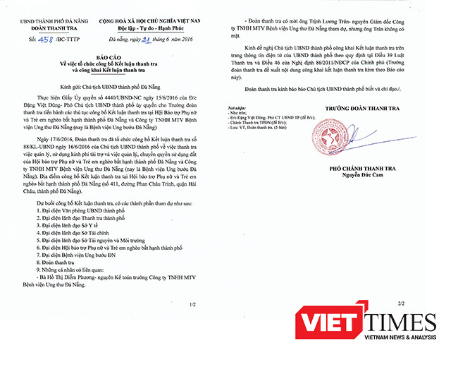 Đà Nẵng, Bệnh viện ung thư, Giám đốc, trả lại tiền tài trợ, Thanh tra, VietTimes