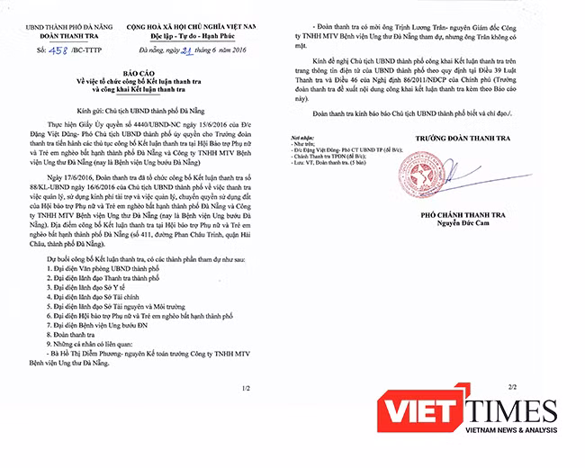 Đà Nẵng, Bệnh viện ung thư, Giám đốc, trả lại tiền tài trợ, Thanh tra, VietTimes