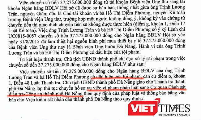 Đà Nẵng, Bệnh viện ung thư, Giám đốc, trả lại tiền tài trợ, Thanh tra, VietTimes