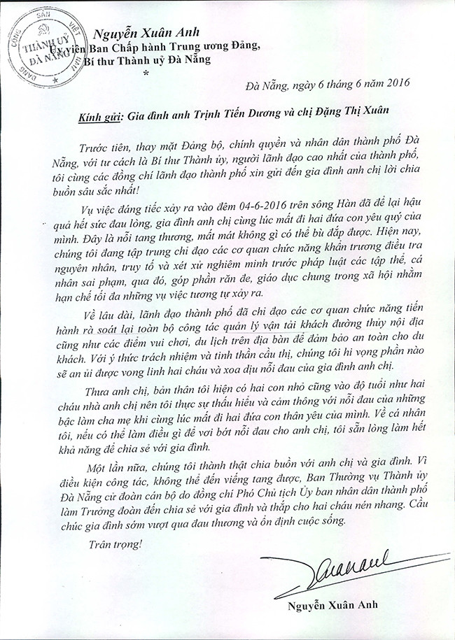 Đà Nẵng, chìm tàu, Thảo Vân 02, sông Hàn, chia buồn, Bí thư, Nguyễn Xuân Anh, VietTimes