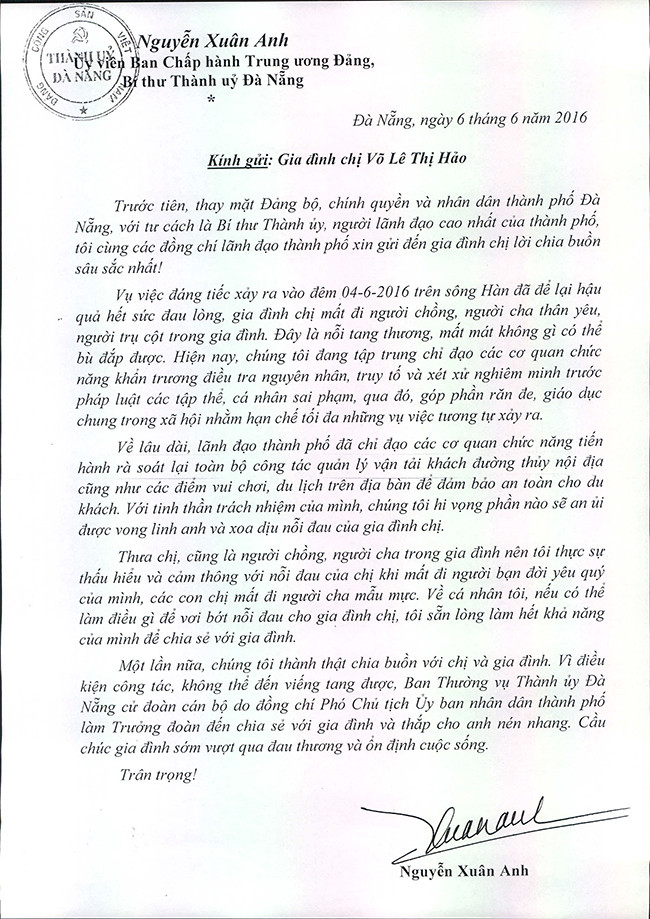 Đà Nẵng, chìm tàu, Thảo Vân 02, sông Hàn, chia buồn, Bí thư, Nguyễn Xuân Anh, VietTimes