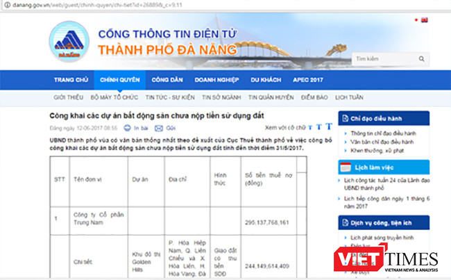 Thông báo Công ty CP Trung Nam nợ tiền sử dụng đất được UBND TP Đà Nẵng đăng tải trên Cổng thông tin điện tử TP