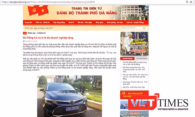 VietTimes, Thành ủy Đà Nẵng, trả lại xe ô tô, doanh nghiệp tặng, 43A-299.99, Bí thư, Nguyễn Xuân Anh