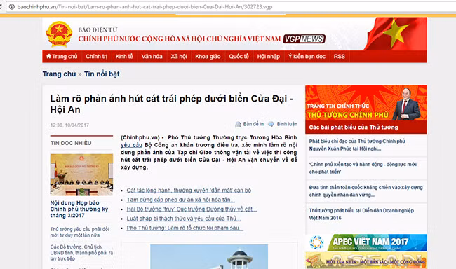 VietTimes, Chính phủ, Phó Thủ tướng, Trương Hòa Bình, Bộ Công an, khẩn trương điều tra, xác minh làm rõ, hút cát trái phép, biển Cửa Đại, Hội An, dự án Đà Nẵng