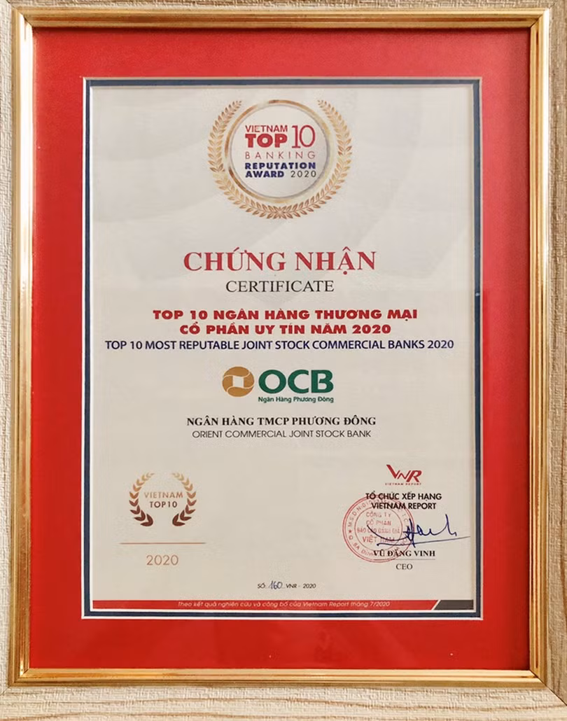 OCB được vinh danh Top 10 Ngân hàng thương mại Việt Nam uy tín năm 2020