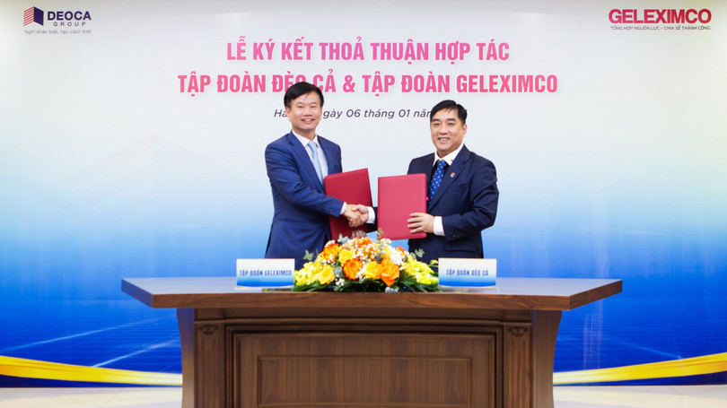 Ông Hồ Minh Hoàng (bên phải) - Chủ tịch Tập đoàn Đèo Cả và ông Vũ Văn Hậu - Chủ tịch kiêm Tổng Giám đốc Tập đoàn Geleximco