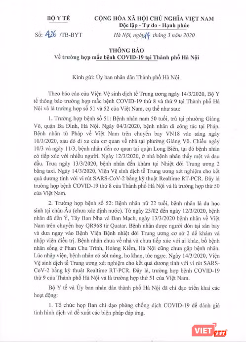 Văn bản của Bộ Y tế gửi UBND TP. Hà Nội thông báo về 2 bệnh nhân mắc COVID-19. Ảnh: Minh Thúy Văn bản của Bộ Y tế gửi UBND TP. Hà Nội thông báo về 2 bệnh nhân mắc COVID-19. Ảnh: Minh Thúy