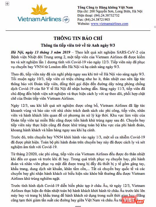 Thông tin báo chí về tiếp viên hàng không về từ Anh của Vietnam Airlines.