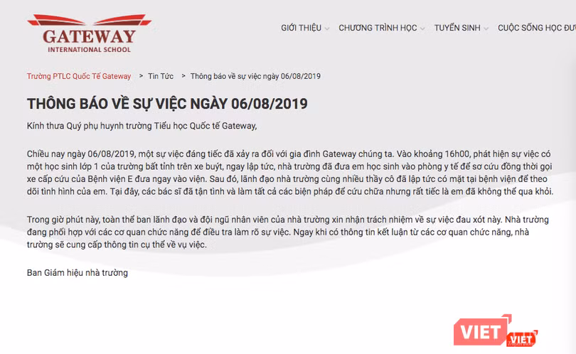 Thông báo về sự việc của Ban Giám hiệu Trường Tiểu học Quốc tế Gateway