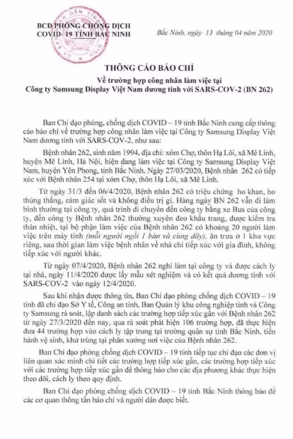 hông báo về bệnh nhân 262 mắc COVID-19. Ảnh: Ban Chỉ đạo phòng, chống dịch COVID-19 tỉnh Bắc Ninh