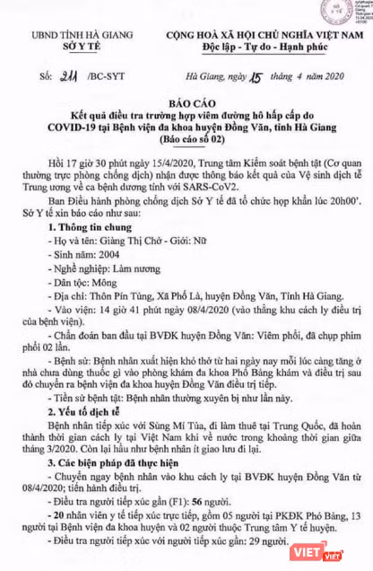 Báo cáo của Sở Y tế Hà Giang về bệnh nhân 268 mắc COVID-19. Ảnh: Minh Thúy