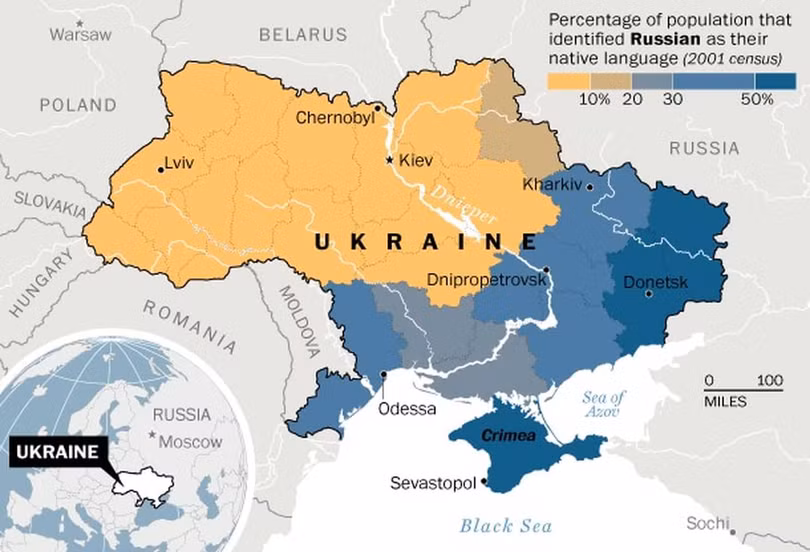 Năm 2014, Nga quyết định sáp nhập Crimea, trong bản đồ cho thấy những vùng dân số coi tiếng Nga là tiếng mẹ đẻ (tính theo thang vàng đến xanh đậm). Năm 2014, Nga quyết định sáp nhập Crimea, trong bản đồ cho thấy những vùng dân số coi tiếng Nga là tiếng mẹ đẻ (tính theo thang vàng đến xanh đậm).