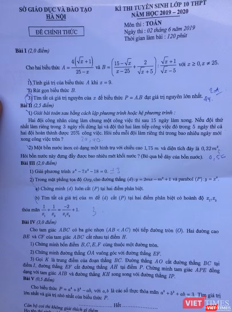 Đề thi môn toán tuyển sinh vào lớp 10. Ảnh: Minh Thúy