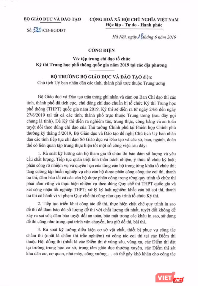 Công điện của Bộ GD&ĐT