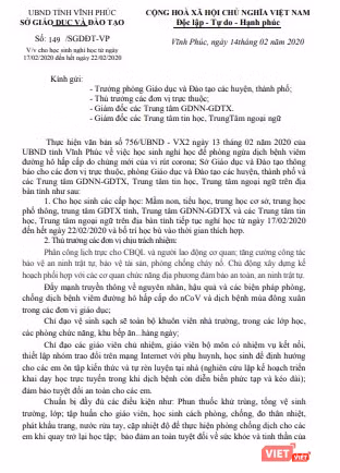 Thông báo cho học sinh tiếp tục nghỉ học của Sở GD&ĐT tỉnh Vĩnh Phúc. Ảnh: Minh Thúy Thông báo cho học sinh tiếp tục nghỉ học của Sở GD&ĐT tỉnh Vĩnh Phúc. Ảnh: Minh Thúy