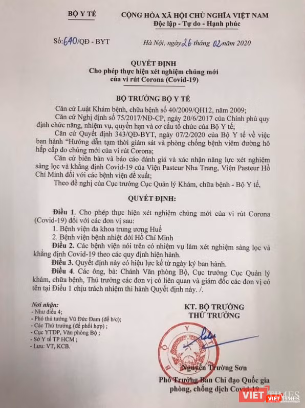 Quyết định Của Bộ Y tế cho phép 2 bệnh viện được thực hiện xét nghiệm chủng mới của virus Corona (SARS-CoV-2). Ảnh: Thanh Hằng Quyết định Của Bộ Y tế cho phép 2 bệnh viện được thực hiện xét nghiệm chủng mới của virus Corona (SARS-CoV-2). Ảnh: Thanh Hằng