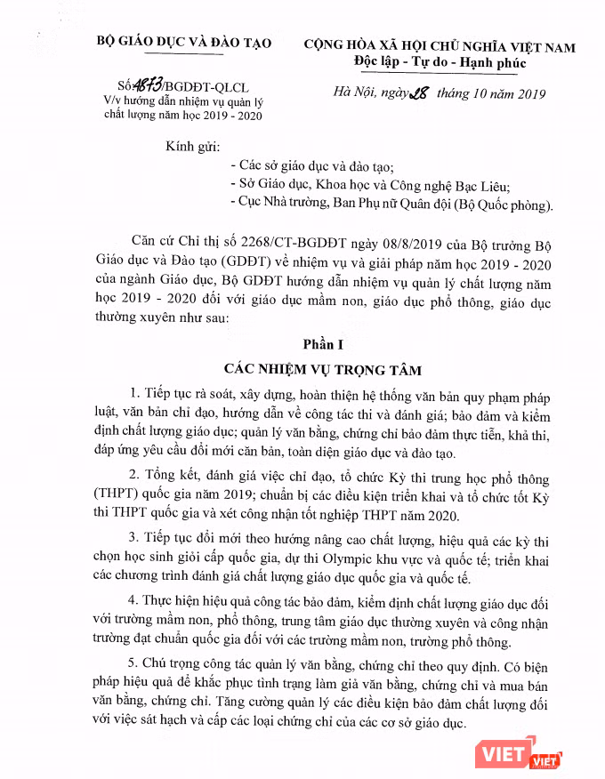Hướng dẫn nhiệm vụ quản lý chất lượng năm học 2019 - 2020 đối với giáo dục mầm non, giáo dục phổ thông, giáo dục thường xuyên Hướng dẫn nhiệm vụ quản lý chất lượng năm học 2019 - 2020 đối với giáo dục mầm non, giáo dục phổ thông, giáo dục thường xuyên