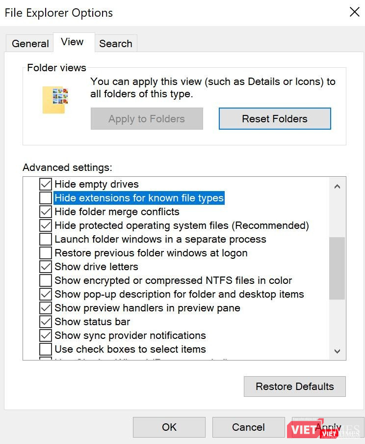 Điều chỉnh mở rộng tệp trong tab File Explorer Option. Điều chỉnh mở rộng tệp trong tab File Explorer Option.