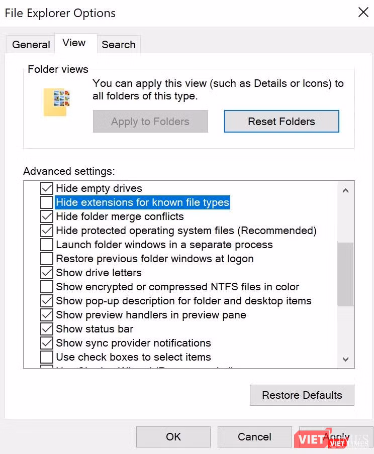 Điều chỉnh mở rộng tệp trong tab File Explorer Option.