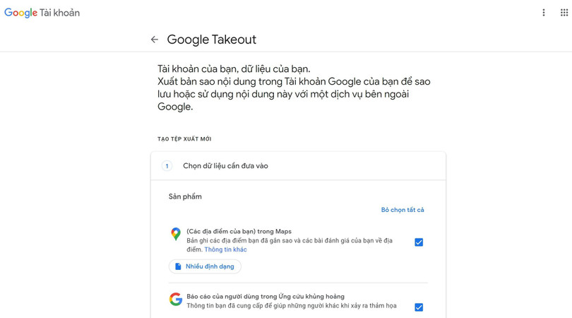 Sao lưu dữ liệu bằng Google Takeout.