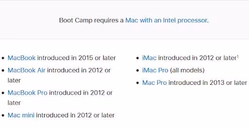 Danh sách các dòng máy Mac hỗ trợ chạy Windows 10 qua Boot Camp. Ảnh: Apple.