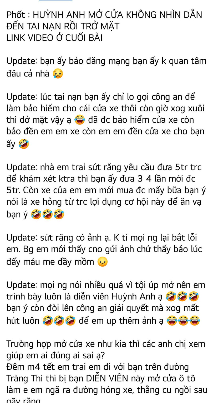 Bài post tố Huỳnh Anh. Ảnh chụp màn hình.