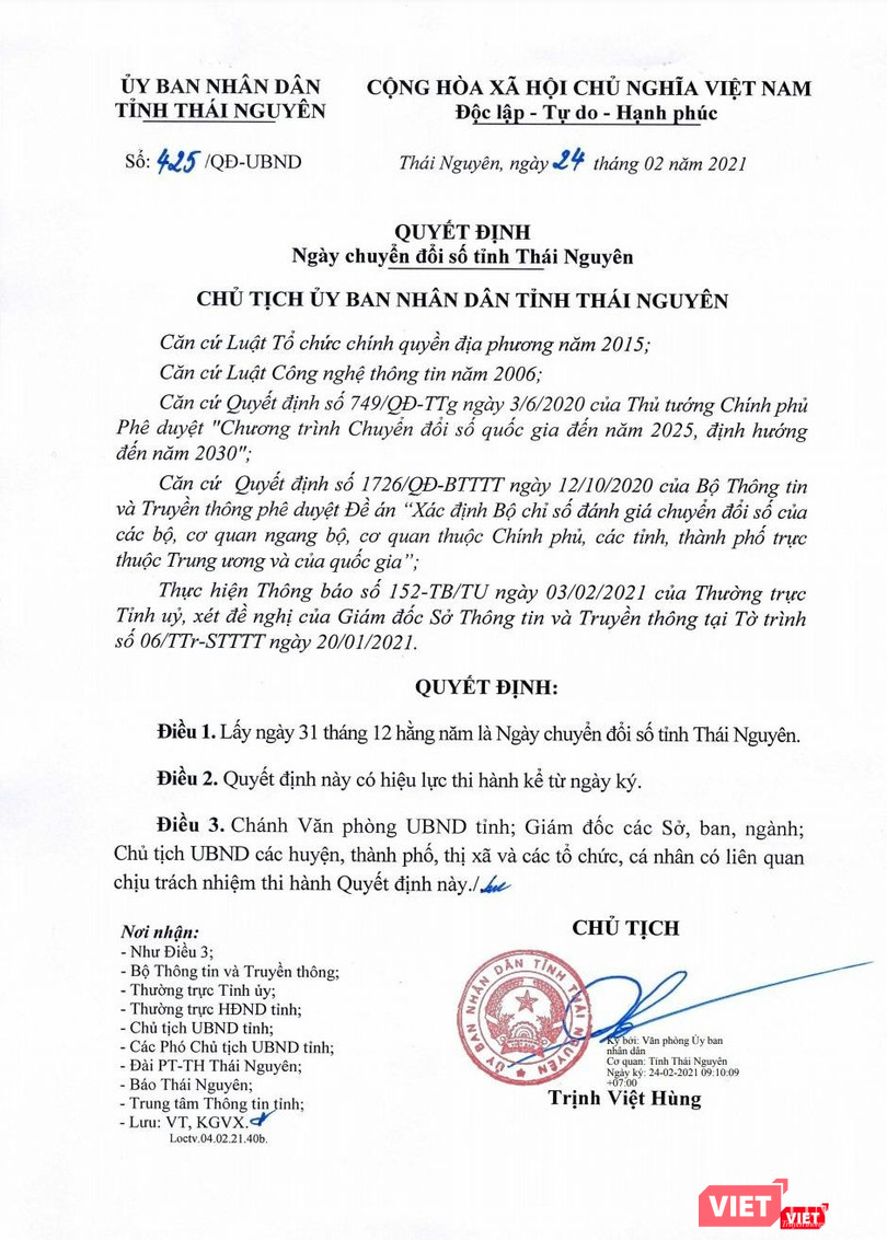 Tỉnh Thái Nguyên quyết định lấy ngày 31/12 hàng năm là Ngày chuyển đổi số.