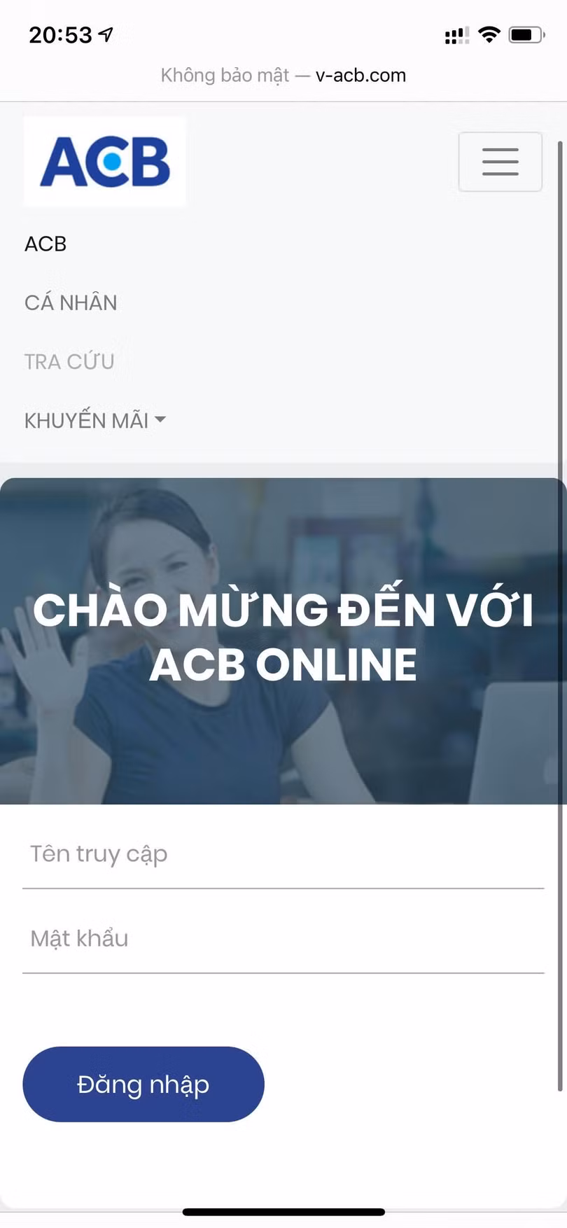 Giao diện trang web tương tự ngân hàng online của ACB.
