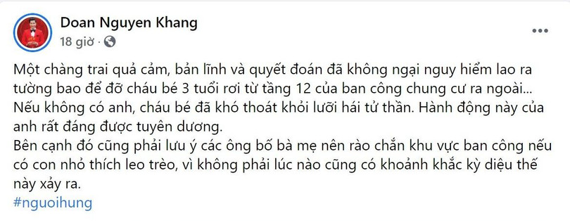 MC Nguyên Khang gửi lời cảm ơn đến "người hùng". MC Nguyên Khang gửi lời cảm ơn đến "người hùng".