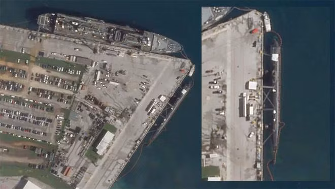 Tàu ngầm nghi là USS Connecticut neo đậu tại đảo Guam (Ảnh: Planet Labs).