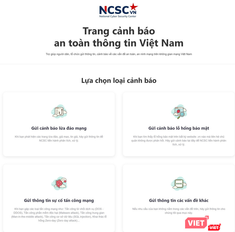 Người dùng có thể gửi cảnh báo đến hệ thống của NCSC. Người dùng có thể gửi cảnh báo đến hệ thống của NCSC.