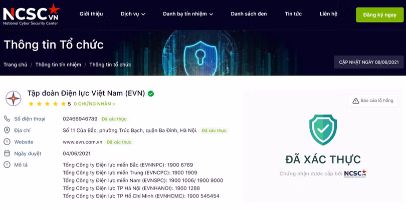 Hệ thống Tín nhiệm mạng của Trung tâm Giám sát an toàn không gian mạng quốc gia. Ảnh: NCSC.