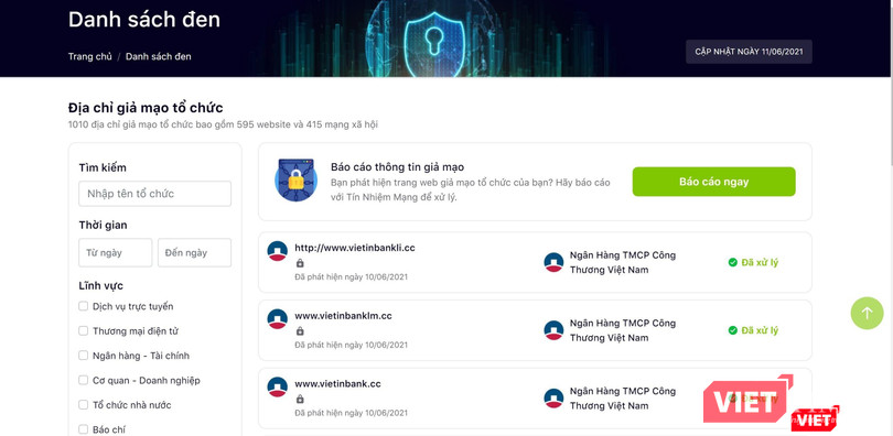 Danh sách các website lừa đảo đã được xử lý.