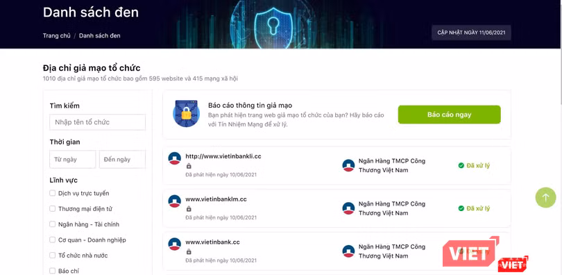 Danh sách các website lừa đảo đã được xử lý.