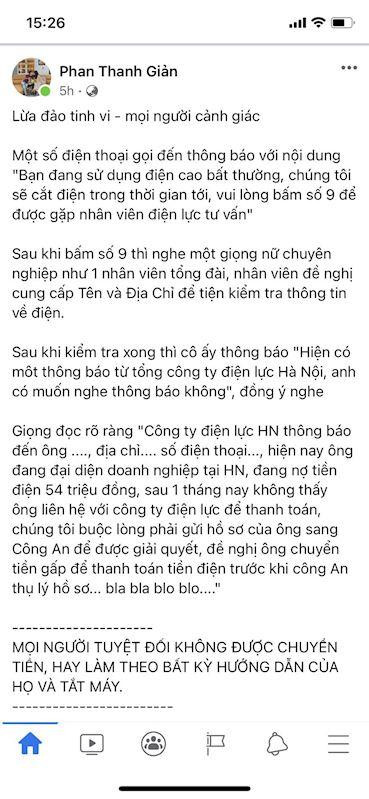 Phản ánh của người dùng trên trang cá nhân. Ảnh: EVN.